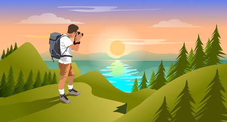 a man tourist with a backpack climbs to the top of the mountain, taking photo by digital camera at sunset on the sea is on the horizon. Illustration with the concept of adventure tourism and travel. vectorのイラスト素材
