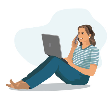 Working at home, Young womÐ°n freelancers working on laptops  computers with mobilephone at home. Vector flat style illustrationのイラスト素材
