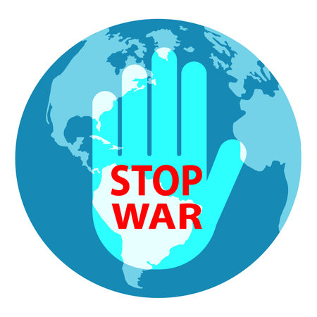 Stop war sign on hand icon on world map .vector,illustrationのイラスト素材