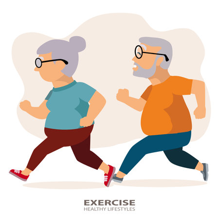 Fat senior man and woman doing workout to lose weight. Couple jogging and running . healthy lifestyles, vector, illustrationのイラスト素材