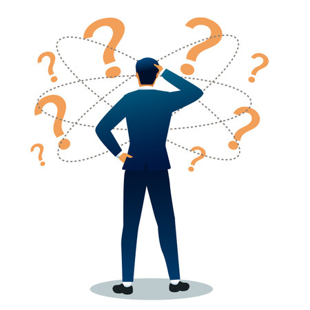 Pensive man standing and making business decision. Cartoon businessman choosing work strategy for success. Questions dilemma and options confusion concept .vector illustration.のイラスト素材