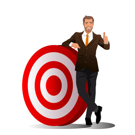 Full length portrait of a businessman standing next to a big target and showing thumbs up isolated on white background. vector, illustrationのイラスト素材