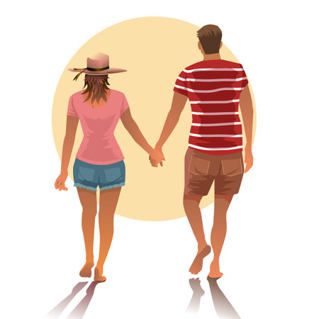 Happy Couple Holding Hands Walking along Seaside on sunset. Love, Relations, Loving Pair on Beach, Summer Cartoon Flat Vector Illustrationのイラスト素材