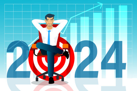 Businessman relaxing in the office, businessman sitting calmly on a chair, legs crossed and hands behind his head over  target in 2024 year,Business successful concept  vector illustrationのイラスト素材
