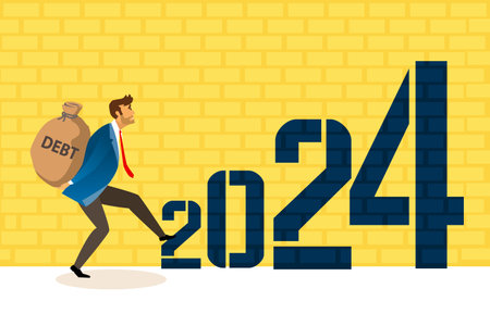 Crisis of high burden of consumer debt in 2024, : Client bears a bag of debt Debtor has difficult problem of bad debt and plan to pay back to lender or creditor.financial concept . vector,illustrationのイラスト素材