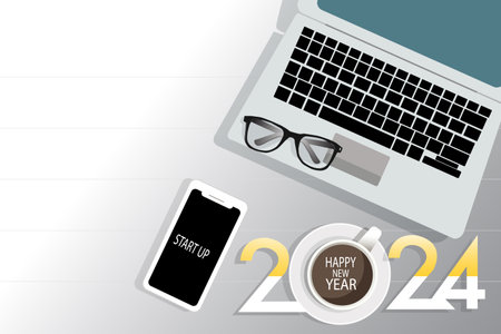 Start up happy new year 2024. Minimalistic flat lay composition of  laptop computer, cell phone gadget, cup of coffee on textured wooden desk  background. Workspace top view. vector, illustrationのイラスト素材