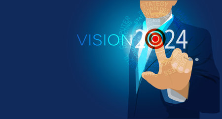 Vision 2024 New Year modern abstract circle word cloud text white shining bold light typography blue greeting card banner. vector, illustrationのイラスト素材