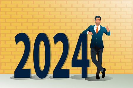 Full length portrait of a businessman standing next to 2024 words and showing thumbs up isolated on yellow brick wall background. vector, illustrationのイラスト素材