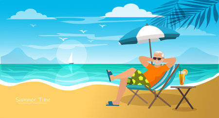 tourist elderly man relaxing on a sandy beach. destination for summer travel holidays concept. vector. illustrationのイラスト素材