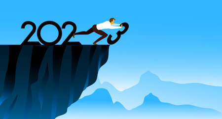 man push number 3 down the cliff . starting and welcome  New Year 2024. Vector illustration.