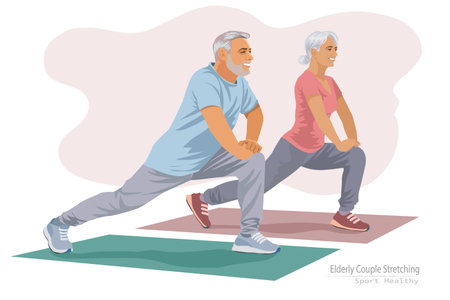 Elderly couple stretching in home or the gym. Healthy sport. vector, illustrationのイラスト素材