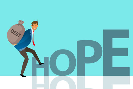 Crisis of high burden of consumer debt, : Client bears a bag of debt Debtor has difficult problem of bad debt and plan to pay back to lender or creditor.hope concept . vector,illustrationのイラスト素材