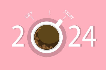 A cup of coffee and a switch. The symbol of the beginning of the new year 2024. Turn on start good...