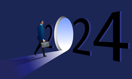 Start up a new business goal on 2024 concept, businessman walking to 2024 metaphor new challenges, goal and career or business.  vector, illustrationのイラスト素材