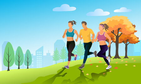 Group  of people exercise running at the park, healthy active lifestyle. vector, illustrationのイラスト素材