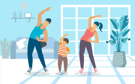 Happy Family Sport Activity. Mother, Father and Kid Doing Morning Exercising at Home. Dad, Mom and Little Son Fitness Workout Exercise, Healthy Lifestyle Indoor Sports Flat style. Vector, illustrationのイラスト素材