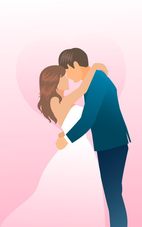 Love tenderness and romantic feelings concept. Young loving smiling couple boy and girl standing hugging embracing each other feeling in love for valentine day, wedding card vector illustrationのイラスト素材
