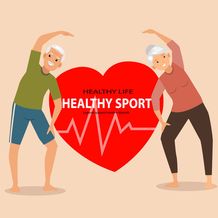 Senior couple workout healthy life , healthy sport with red heart .  Healthy lifestyle concept. vector, illustrationのイラスト素材
