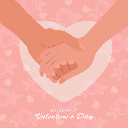 Happy Valentines Day, love,  hands of lovers on  hearts shape, cute stickers on a card,, flat style.vector, illustyrationのイラスト素材