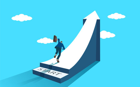 business Man motivated running on arrow showing direction to success. Way to successful. Competition. Concept of business, promotion, ambitions,achievementのイラスト素材