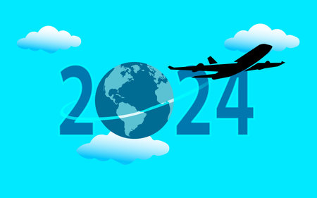 Vector illustration of Airplane flying around the world in 2024 on blue sky background. vector