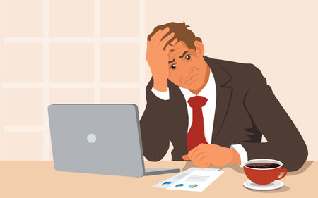 Stressed businessman with head in hands with laptop computer in his office. vector, illustrationのイラスト素材