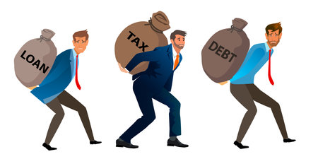 Crisis of high burden of consumer debt, : Client bears a bag of debt, tax and loan  Debtor has difficult problem of bad debt and plan to pay back to lender or creditor.financial concept . vector,illustrationのイラスト素材