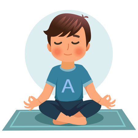 Cartoon pacified boy sits on yoga mat in a lotus position, crossing his legs and folding his fingers in a yoga gesture. Kids yoga vector illustration.のイラスト素材