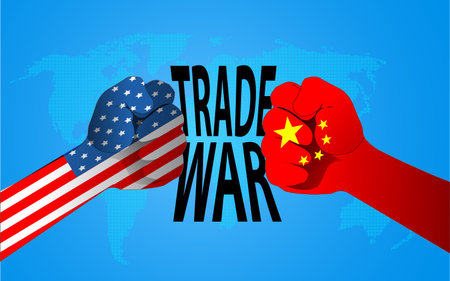 Concept of trade war between USA and China. Two hands with China and USA flag over world map. vector, illustrationのイラスト素材