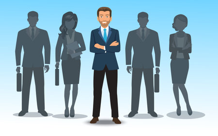Vector creative illustration of business man with silhouettes of people on white background. The manager is in a suit with a beard. Search for a new manager in business team. Design for business vacancy. vectorのイラスト素材
