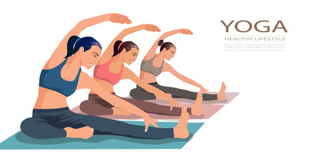 Young attractive girls do yoga during a yoga class in a health club. vector, illustrationのイラスト素材