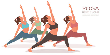 fitness, sport, yoga and healthy lifestyle concept - group of woman making yoga pose on white background. vector, illustrationのイラスト素材
