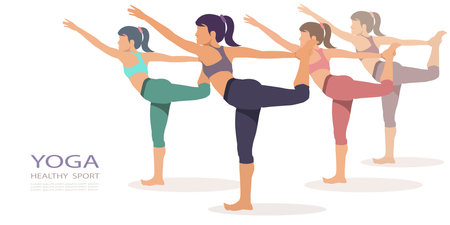fitness, sport, yoga and healthy lifestyle concept - group of woman making warrior pose on white background. vector, illustrationのイラスト素材