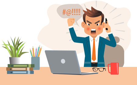 Angry business man in blue suit get mad on the smartphone at workspace in office. vector, illustrationのイラスト素材