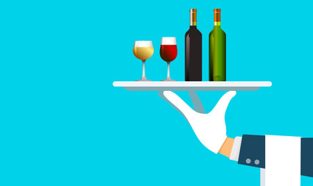 Waiter hand holding  silver tray  with red wine bottles and glass on blue background. business concept. vector, illustrationのイラスト素材