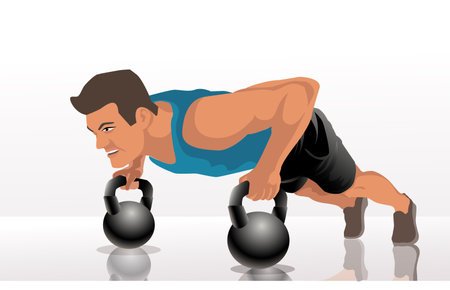 Attractive sports man are working out with dumbbells in gym. vector, illustrationのイラスト素材
