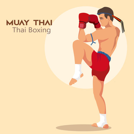 Muay thai, Asian man exercising thai boxing isolated on white background.vector,illustrationのイラスト素材