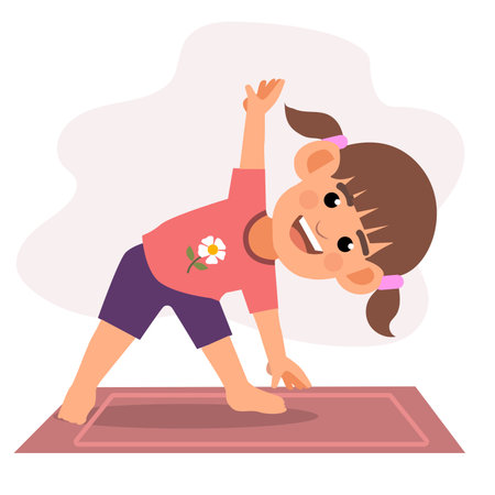 happy cute little kid doing exercise on  yoga mat. vector, illustretionのイラスト素材