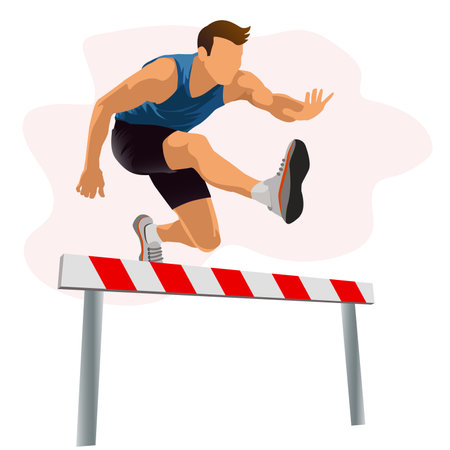 male athlete jumping over the barrier isolated on white background. Running with obstacles concept. Muscular man. Action, motion, healthy, sport and lifestyle. vector, illustrationのイラスト素材