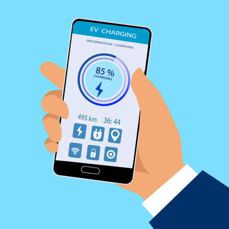 Businessman holding smartphone display battery status interface by smart EV mobile application while EV car recharging electricity from charging station. vector, illustrationのイラスト素材
