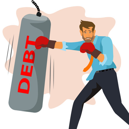 Debt management,  professional businessman wearing boxing gloves fighting and punching with creditor or loaner huge red boxing glove with text Debt.vector,illustrationのイラスト素材