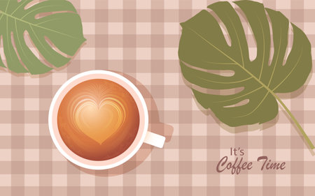 Spring composition with coffee time and blooming flowers. vector, illustrationのイラスト素材