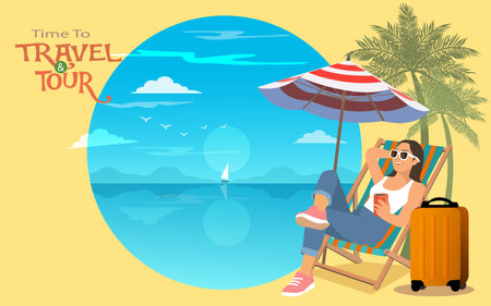 woman relaxation sitting on deck chair at tropical beach with ice coffee cup and beautiful blue sky on time to travel and tour in holiday vacation .  vector, illustrationのイラスト素材