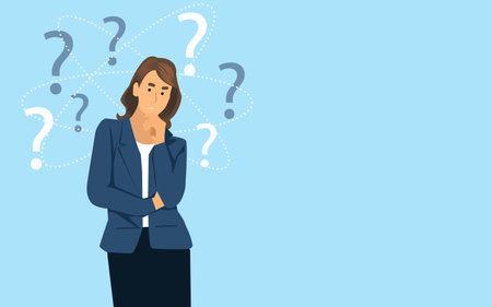 Curious and pensive woman with hand to chin, doodle question marks sketch, copy space empty purple background. Concept of idea, solution and planのイラスト素材