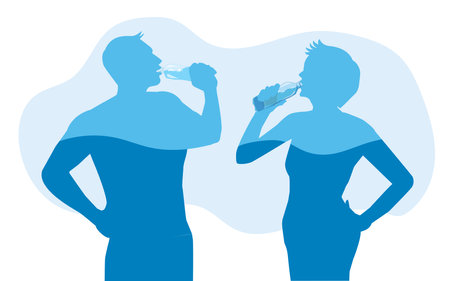 Young athletic man and woman engaged in healthy lifestyle during morning warm-up and workout on roof of modern building. Athletic sporty man and fit woman drinking water after jogging outdoors. vector, illustrationのイラスト素材