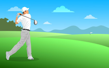 Golfer hit sweeping driver after hitting golf ball down the fairway.. vector,illustrationのイラスト素材