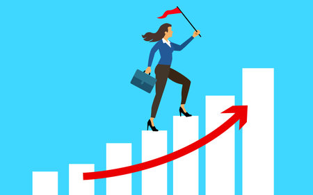 Businesswoman walking on a growth graph path to the target. motivation or challenge to achieve success. career growth or improvement concept. vector, illustrationのイラスト素材