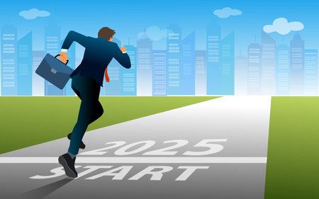 Businessman on starting point and ready to run for successful in 2025 year. Business success and starting career concept. vector, illustrationのイラスト素材