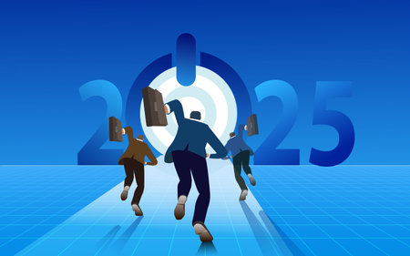 Business people running forward to target in 2025 year, business competition, conceptual vector...