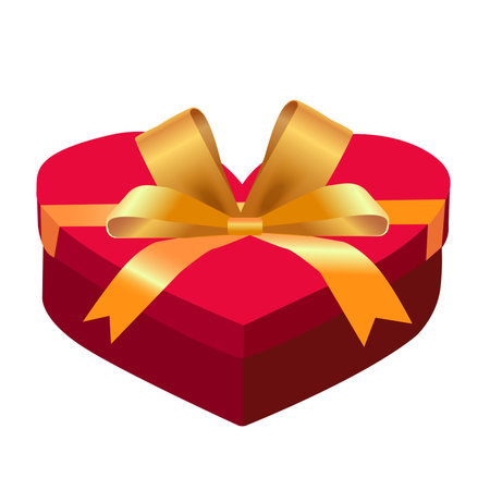 Heart red gift box with gold ribbon isolated on white background. vector, illustrationのイラスト素材